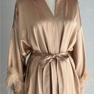 Elegant Tan Satin Robe with Feather Trim